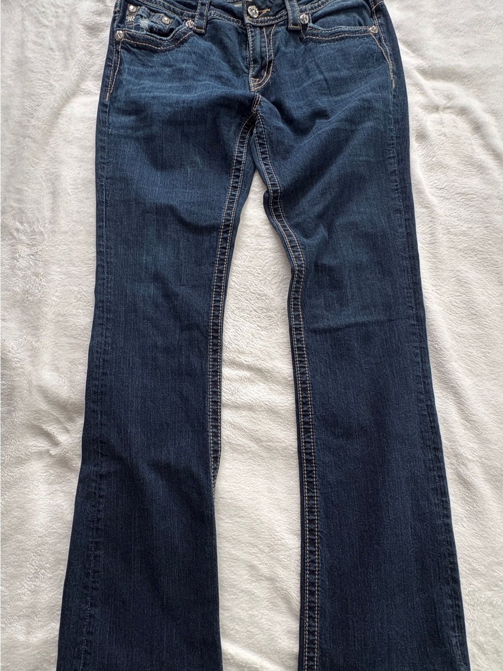 Miss Me Dark Blue Flare Jeans with Contrast Stitching